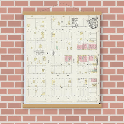Old map wall art mockup — magnetic wood frame on brick wall — Sanborn Fire Insurance Map from Wills Point, Van Zandt County, Texas (1891), Sheet #0001