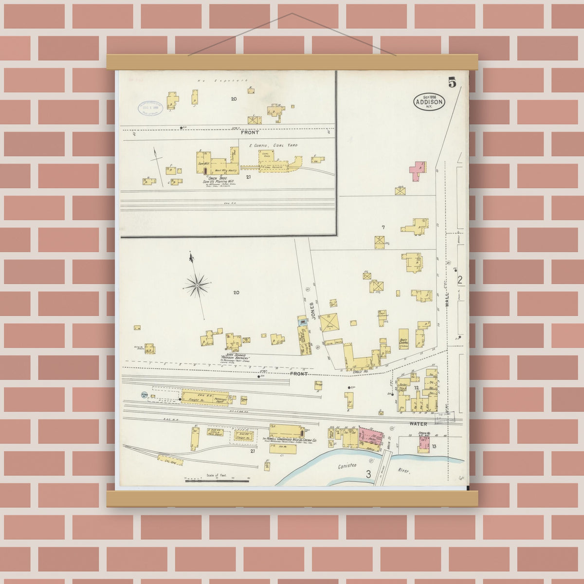 Old map wall art mockup — magnetic wood frame on brick wall — Sanborn Fire Insurance Map from Addison, Steuben County, New York (1898), Sheet #0005