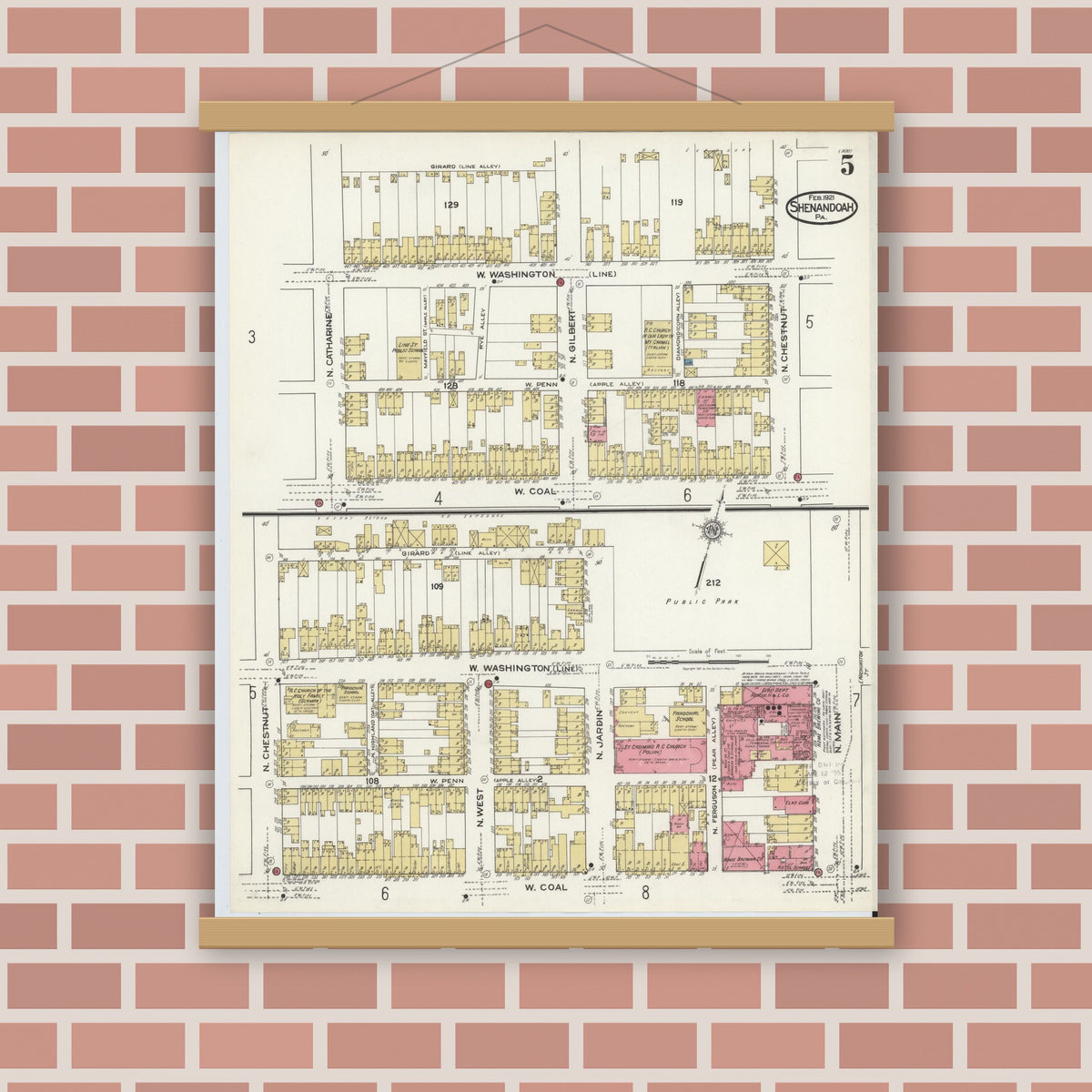 Old map wall art mockup — magnetic wood frame on brick wall — Sanborn Fire Insurance Map from Shenandoah, Schuylkill County, Pennsylvania (1921), Sheet #0005