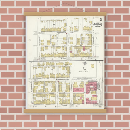 Old map wall art mockup — magnetic wood frame on brick wall — Sanborn Fire Insurance Map from Shenandoah, Schuylkill County, Pennsylvania (1921), Sheet #0005