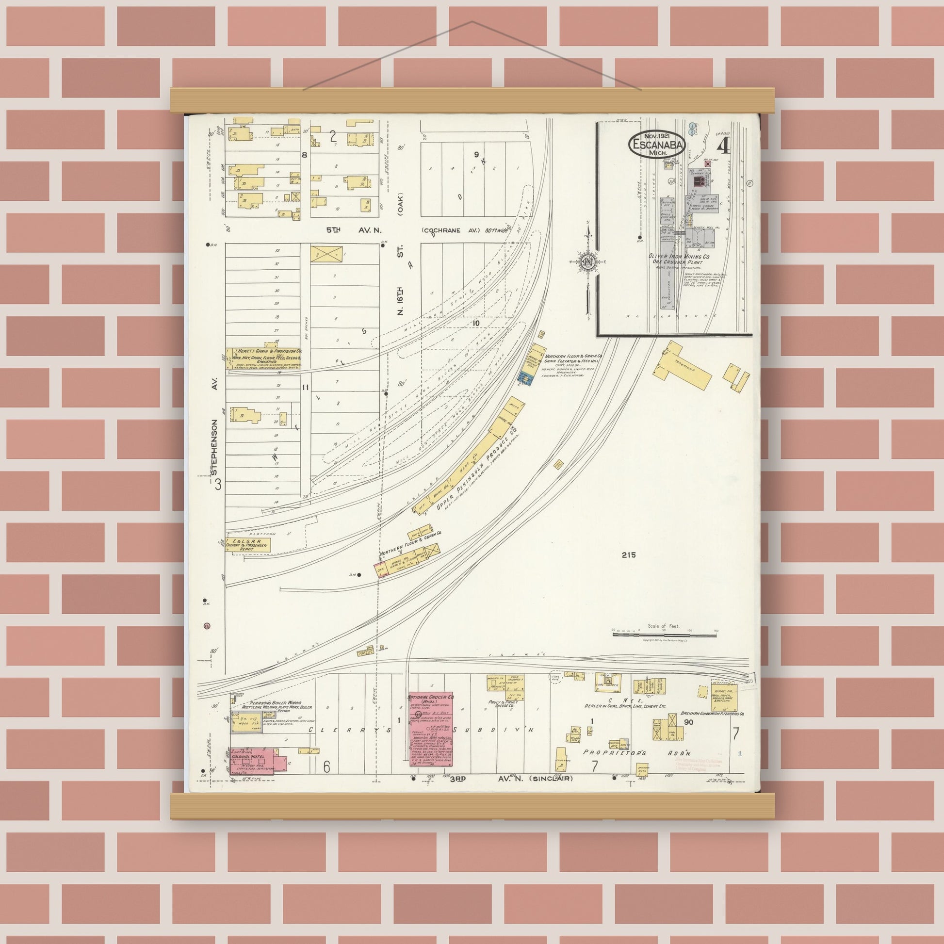 Old map wall art mockup — magnetic wood frame on brick wall — Sanborn Fire Insurance Map from Escanaba, Delta County, Michigan (1921), Sheet #0004