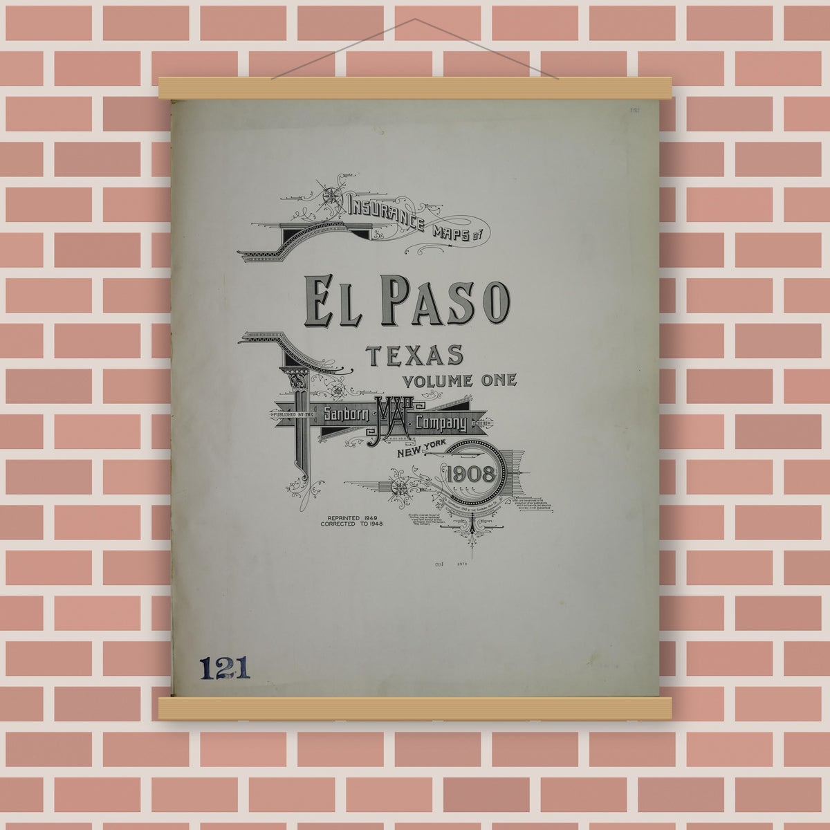 Old map wall art mockup — magnetic wood frame on brick wall — Sanborn Fire Insurance Map from El Paso, El Paso County, Texas (1948), Sheet #0001