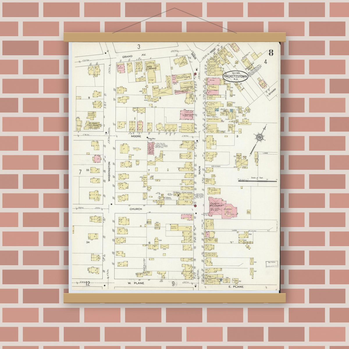 Old map wall art mockup — magnetic wood frame on brick wall — Sanborn Fire Insurance Map from Hackettstown, Warren County, New Jersey (1914), Sheet #0008