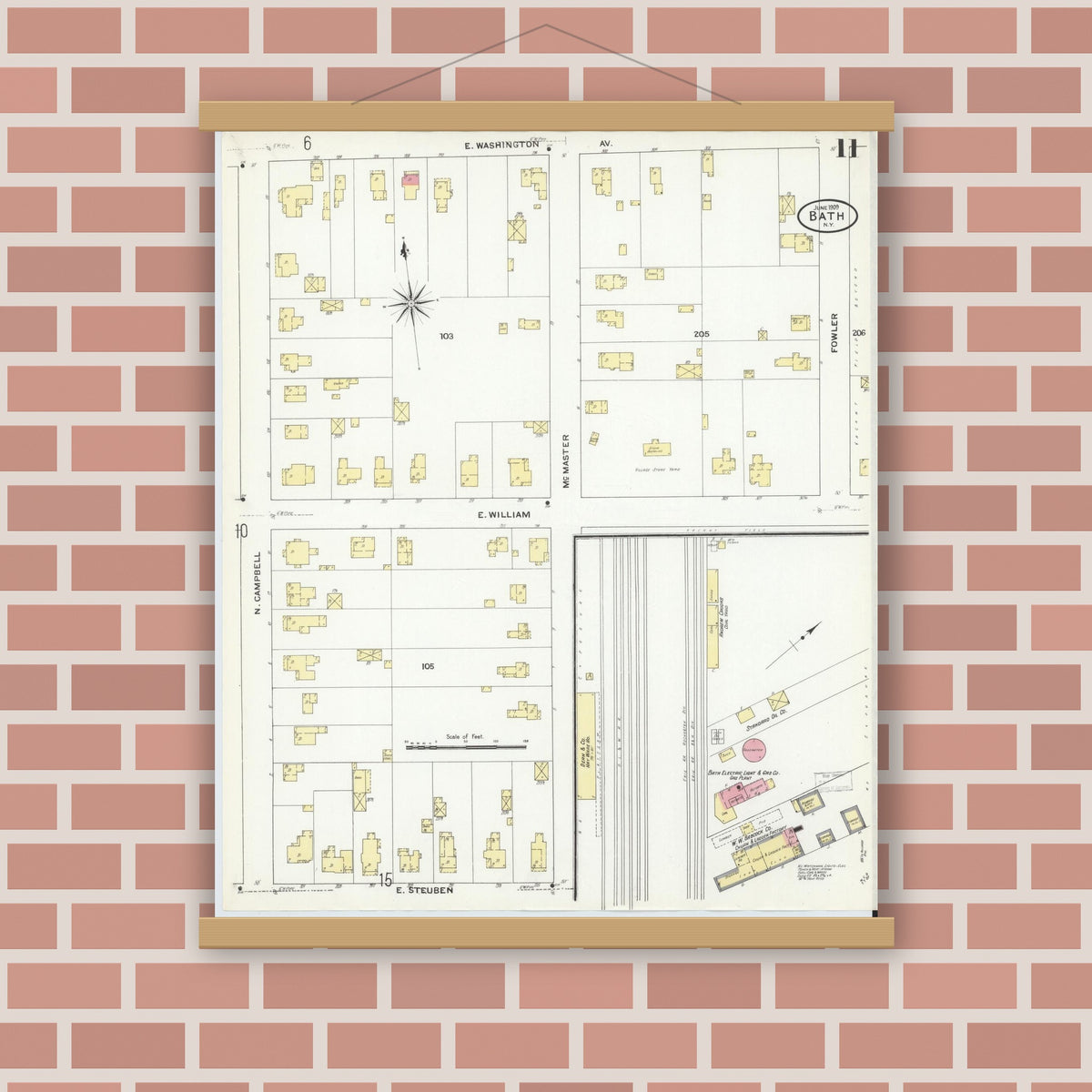Old map wall art mockup — magnetic wood frame on brick wall — Sanborn Fire Insurance Map from Bath, Steuben County, New York (1909), Sheet #0011