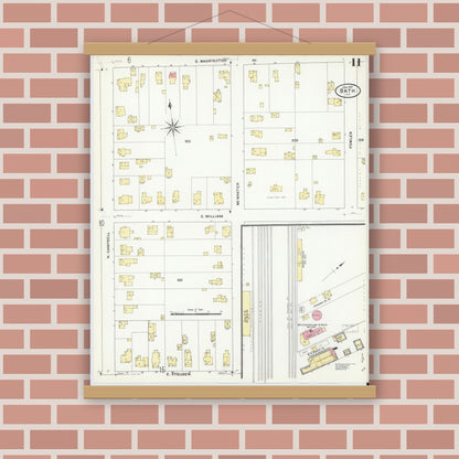 Old map wall art mockup — magnetic wood frame on brick wall — Sanborn Fire Insurance Map from Bath, Steuben County, New York (1909), Sheet #0011