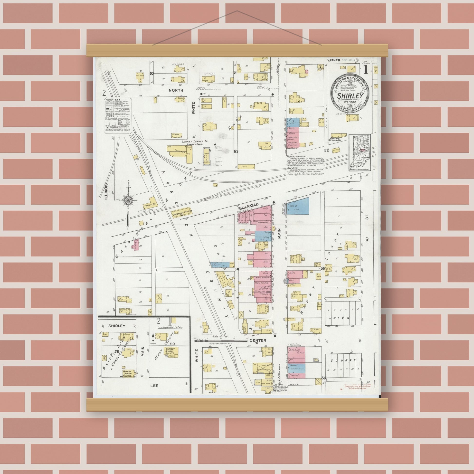 Old map wall art mockup — magnetic wood frame on brick wall — Sanborn Fire Insurance Map from Shirley, Hancock And Henry Counties, Indiana (1919), Sheet #0001