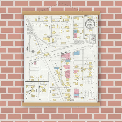 Old map wall art mockup — magnetic wood frame on brick wall — Sanborn Fire Insurance Map from Shirley, Hancock And Henry Counties, Indiana (1919), Sheet #0001