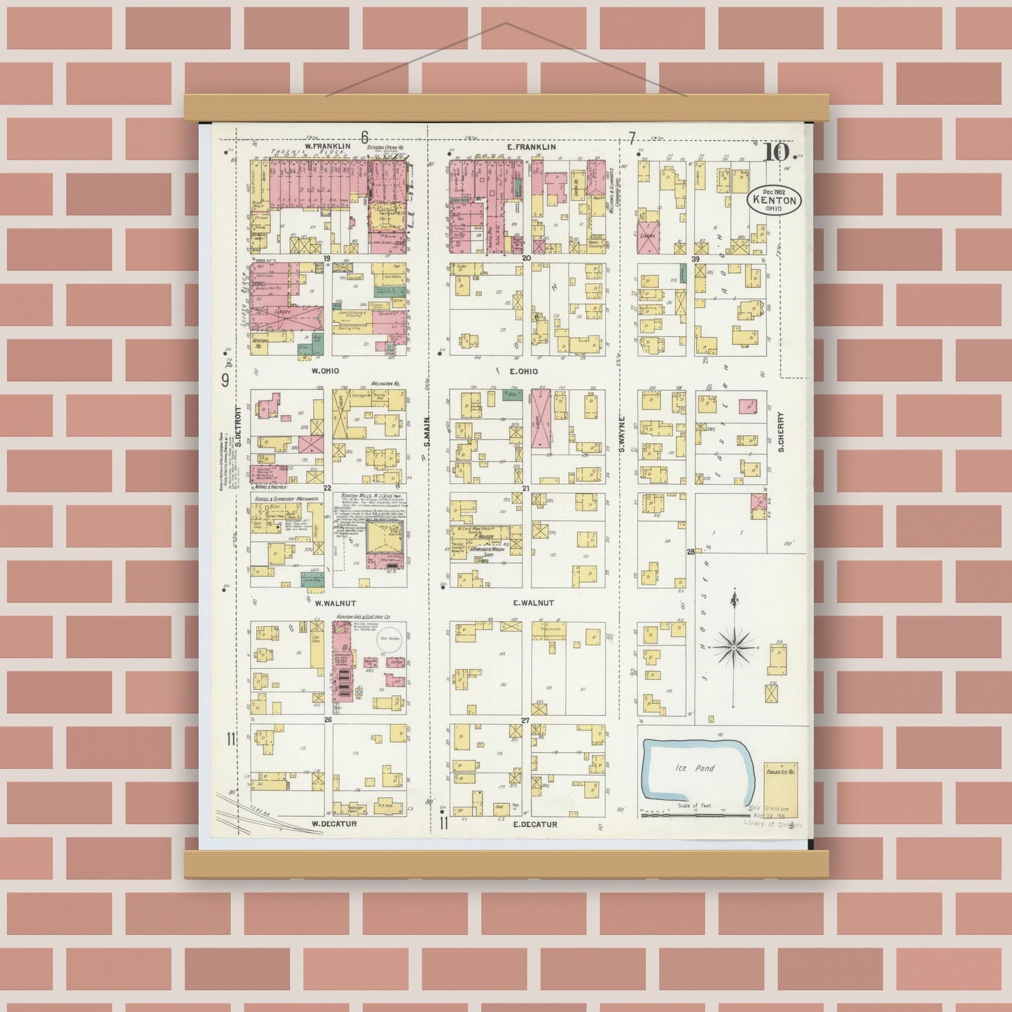 Old map wall art mockup — magnetic wood frame on brick wall — Sanborn Fire Insurance Map from Kenton, Hardin County, Ohio (1902), Sheet #0010