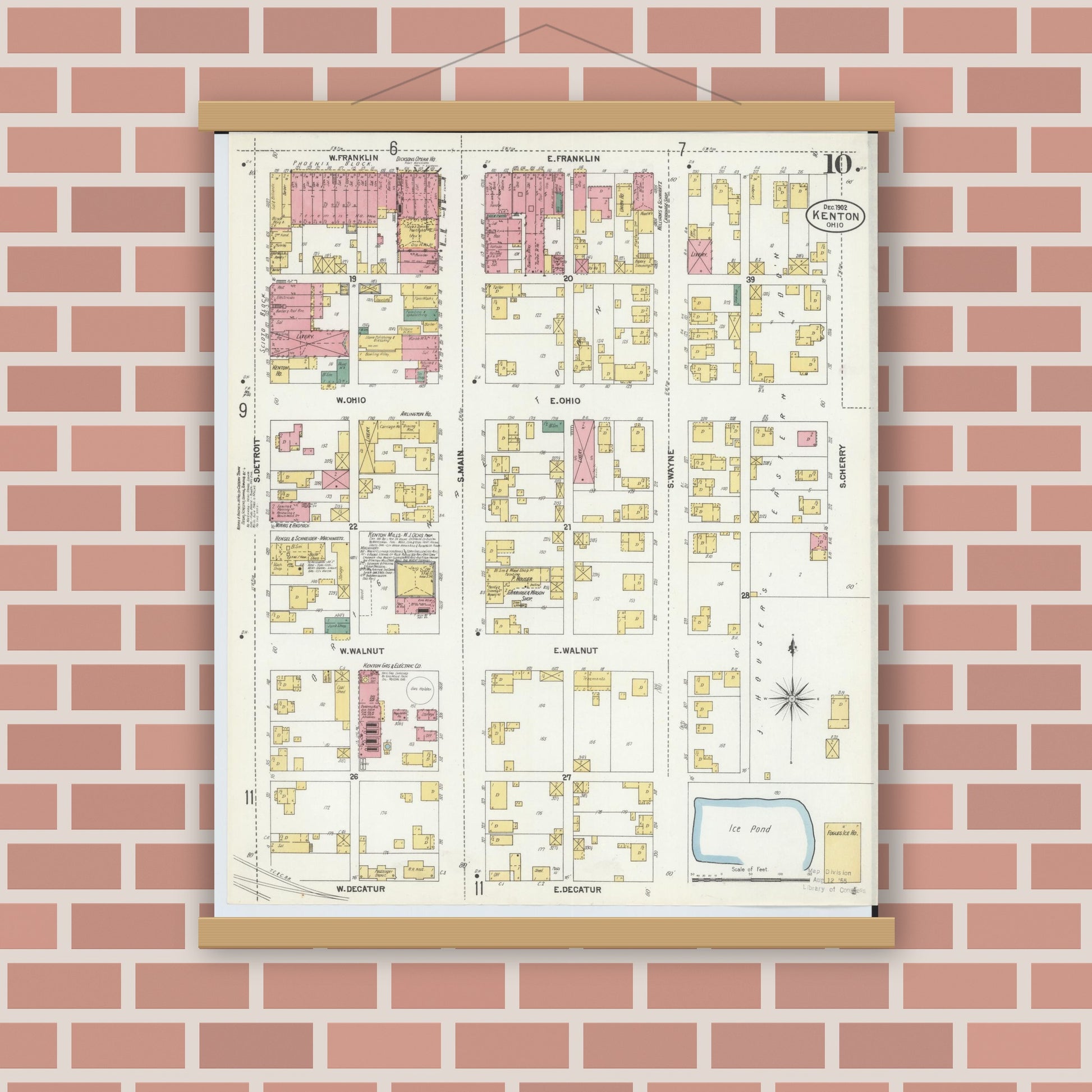 Old map wall art mockup — magnetic wood frame on brick wall — Sanborn Fire Insurance Map from Kenton, Hardin County, Ohio (1902), Sheet #0010
