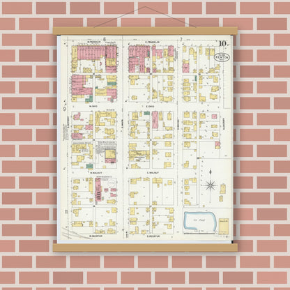 Old map wall art mockup — magnetic wood frame on brick wall — Sanborn Fire Insurance Map from Kenton, Hardin County, Ohio (1902), Sheet #0010