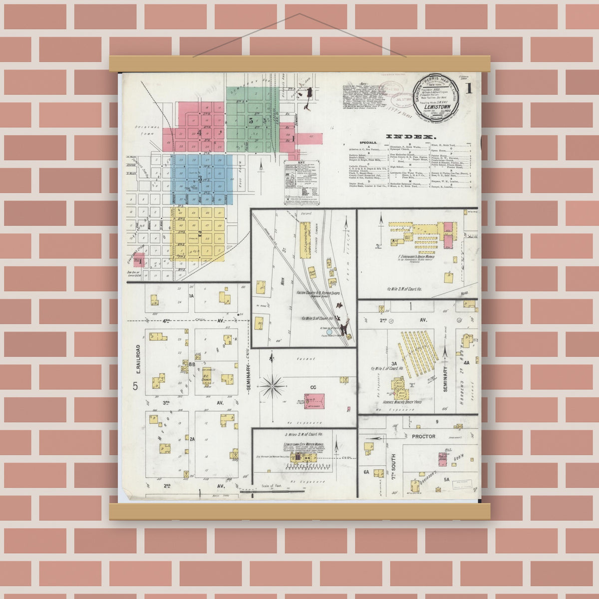 Old map wall art mockup — magnetic wood frame on brick wall — Sanborn Fire Insurance Map from Lewistown, Fulton County, Illinois (1899) - Complete Map Set
