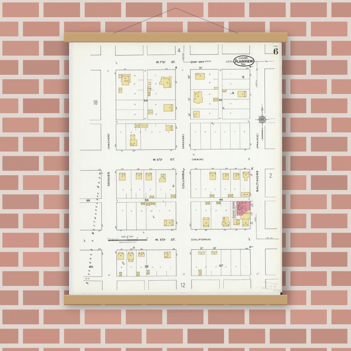Old map wall art mockup — magnetic wood frame on brick wall — Sanborn Fire Insurance Map from Plainview, Hale County, Texas (1921), Sheet #0006