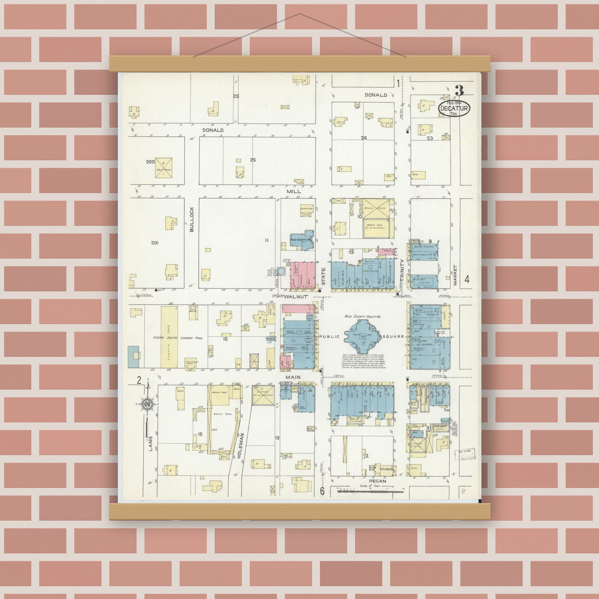 Old map wall art mockup — magnetic wood frame on brick wall — Sanborn Fire Insurance Map from Decatur, Wise County, Texas (1914), Sheet #0003