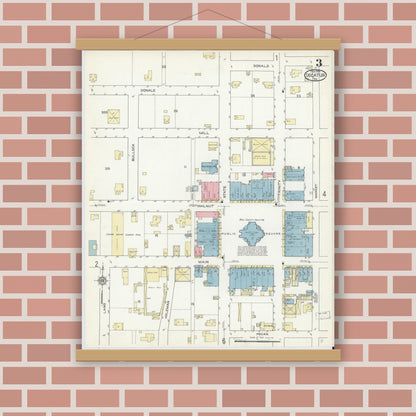Old map wall art mockup — magnetic wood frame on brick wall — Sanborn Fire Insurance Map from Decatur, Wise County, Texas (1914), Sheet #0003