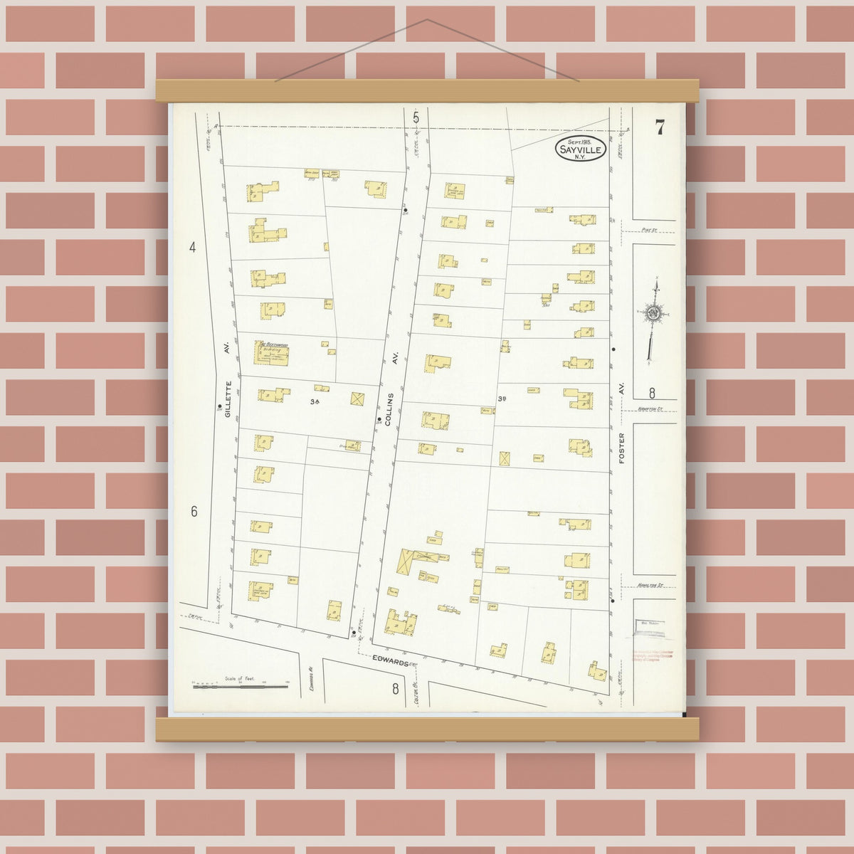Old map wall art mockup — magnetic wood frame on brick wall — Sanborn Fire Insurance Map from Sayville, Suffolk County, New York (1915), Sheet #0007