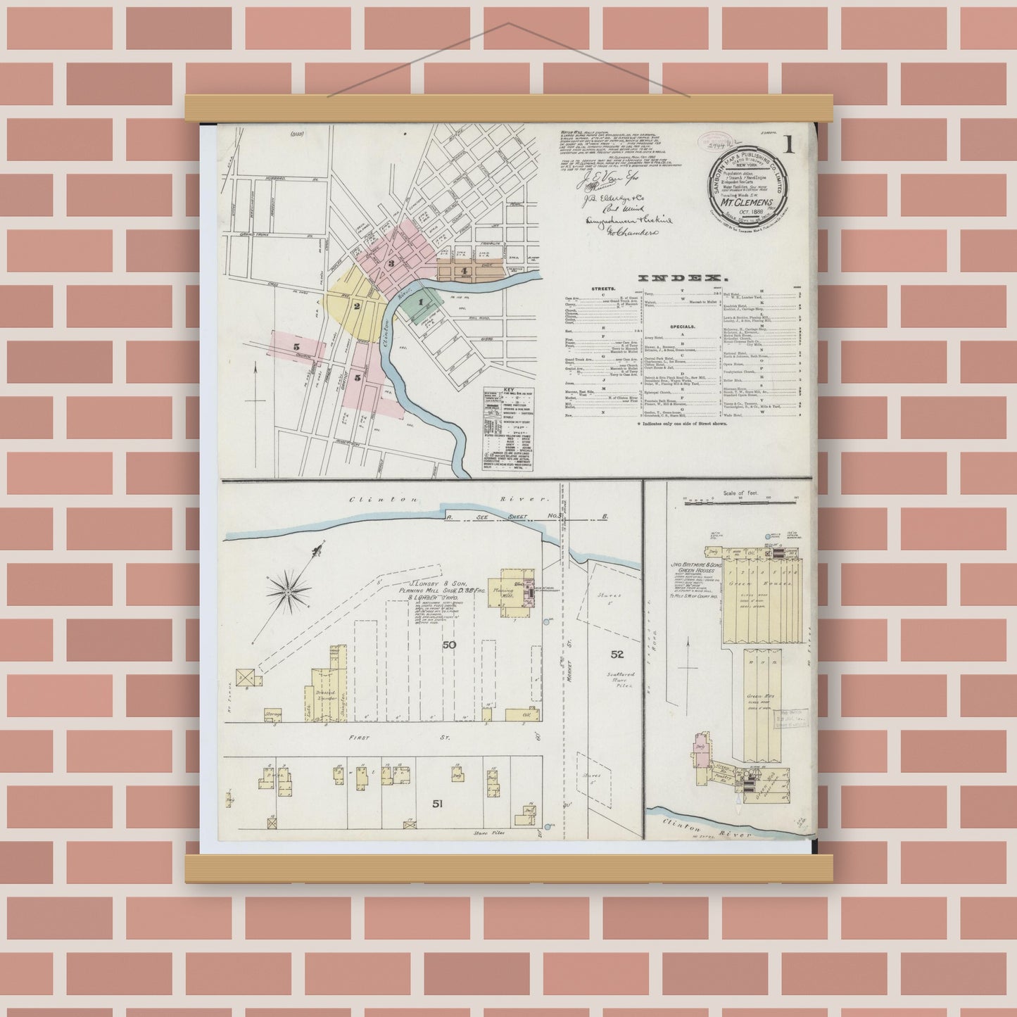 Old map wall art mockup — magnetic wood frame on brick wall — Sanborn Fire Insurance Map from Mount Clemens, Macomb County, Michigan (1888) - Complete Map Set