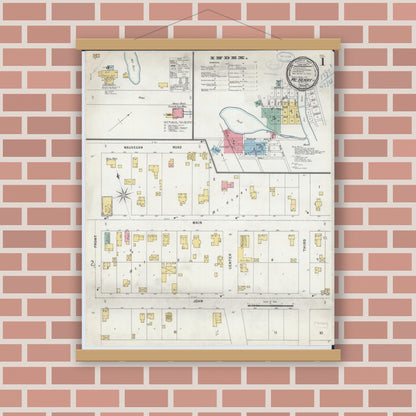 Old map wall art mockup — magnetic wood frame on brick wall — Sanborn Fire Insurance Map from McHenry, McHenry County, Illinois (1898) - Complete Map Set