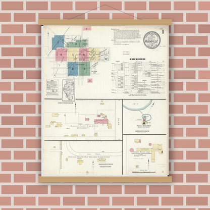 Old map wall art mockup — magnetic wood frame on brick wall — Sanborn Fire Insurance Map from Rushville, Schuyler County, Illinois (1913), Sheet #0001