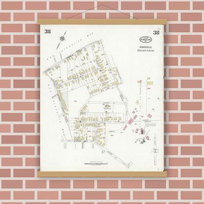 Old map wall art mockup — magnetic wood frame on brick wall — Sanborn Fire Insurance Map from Kingston, Luzerne County, Pennsylvania (1925), Sheet #0038