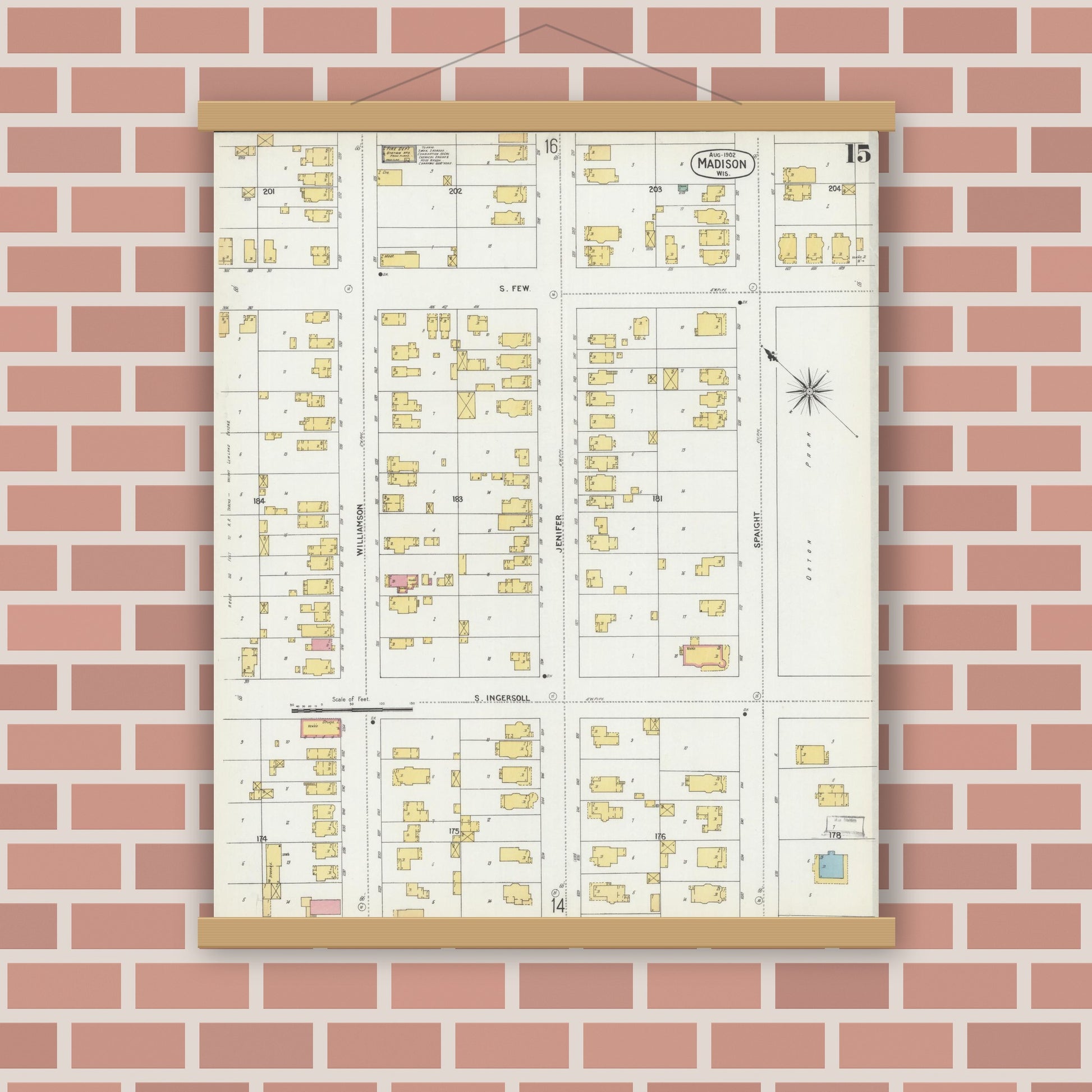 Old map wall art mockup — magnetic wood frame on brick wall — Sanborn Fire Insurance Map from Madison, Dane County, Wisconsin (1902), Sheet #0015