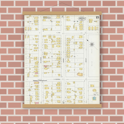 Old map wall art mockup — magnetic wood frame on brick wall — Sanborn Fire Insurance Map from Madison, Dane County, Wisconsin (1902), Sheet #0015