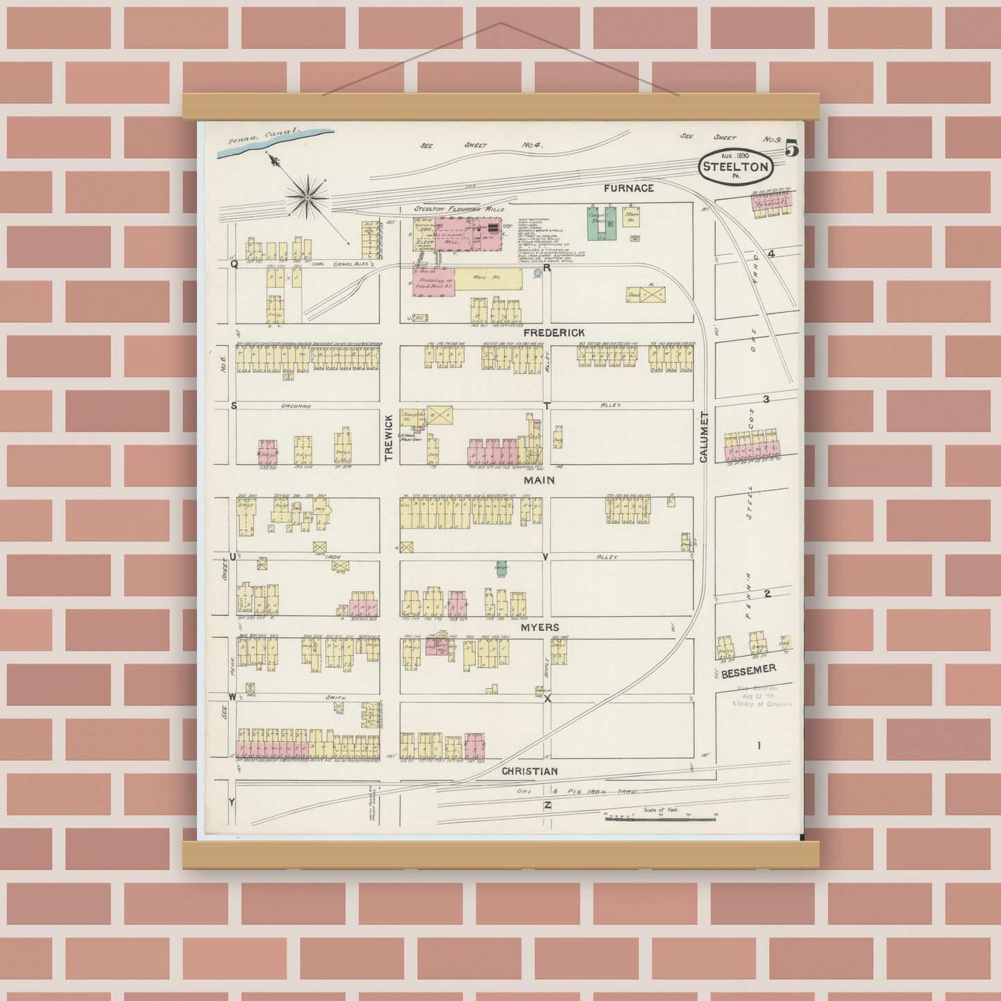 Old map wall art mockup — magnetic wood frame on brick wall — Sanborn Fire Insurance Map from Steelton, Dauphin County, Pennsylvania (1890), Sheet #0005