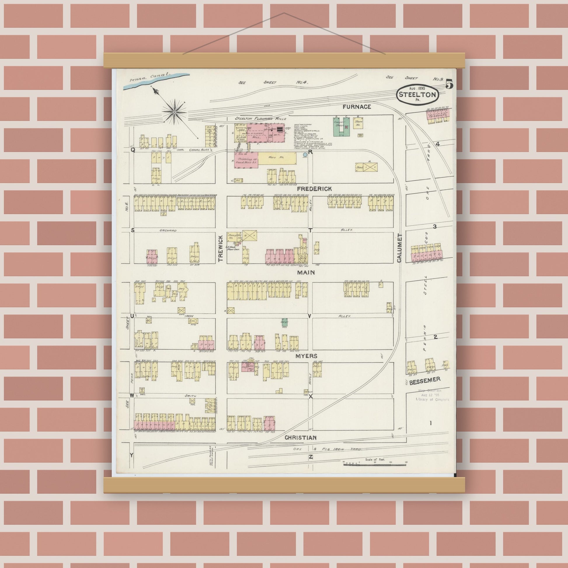 Old map wall art mockup — magnetic wood frame on brick wall — Sanborn Fire Insurance Map from Steelton, Dauphin County, Pennsylvania (1890), Sheet #0005