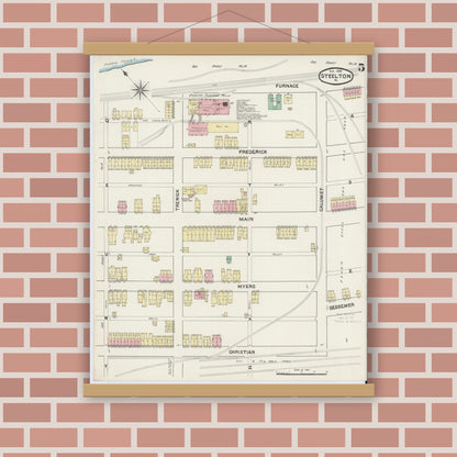 Old map wall art mockup — magnetic wood frame on brick wall — Sanborn Fire Insurance Map from Steelton, Dauphin County, Pennsylvania (1890), Sheet #0005