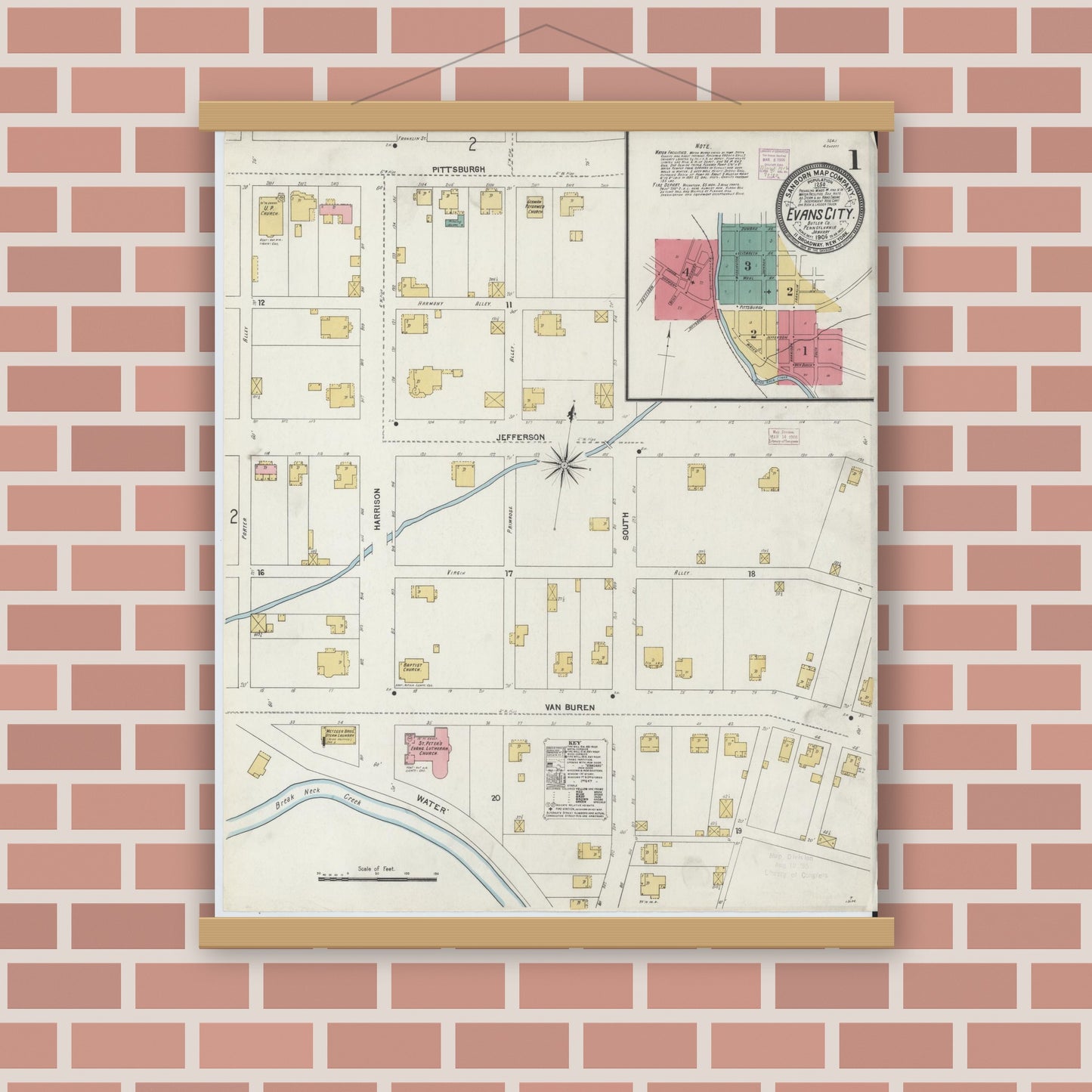 Old map wall art mockup — magnetic wood frame on brick wall — Sanborn Fire Insurance Map from Evans City, Butler County, Pennsylvania (1906) - Complete Map Set