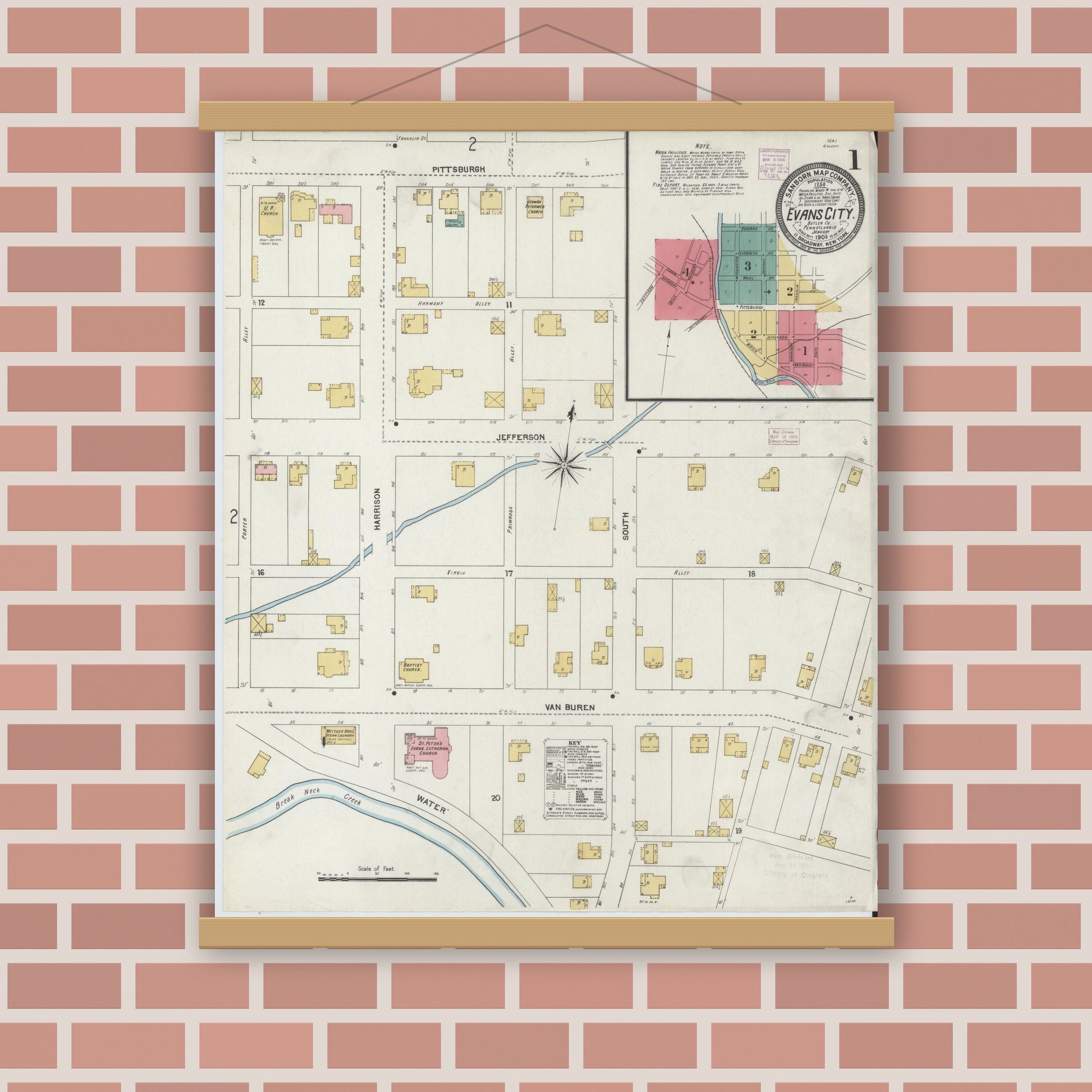 Old map wall art mockup — magnetic wood frame on brick wall — Sanborn Fire Insurance Map from Evans City, Butler County, Pennsylvania (1906) - Complete Map Set