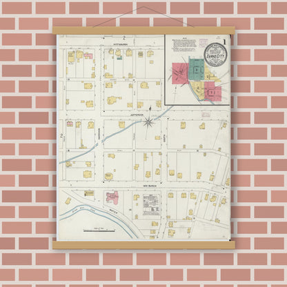 Old map wall art mockup — magnetic wood frame on brick wall — Sanborn Fire Insurance Map from Evans City, Butler County, Pennsylvania (1906) - Complete Map Set