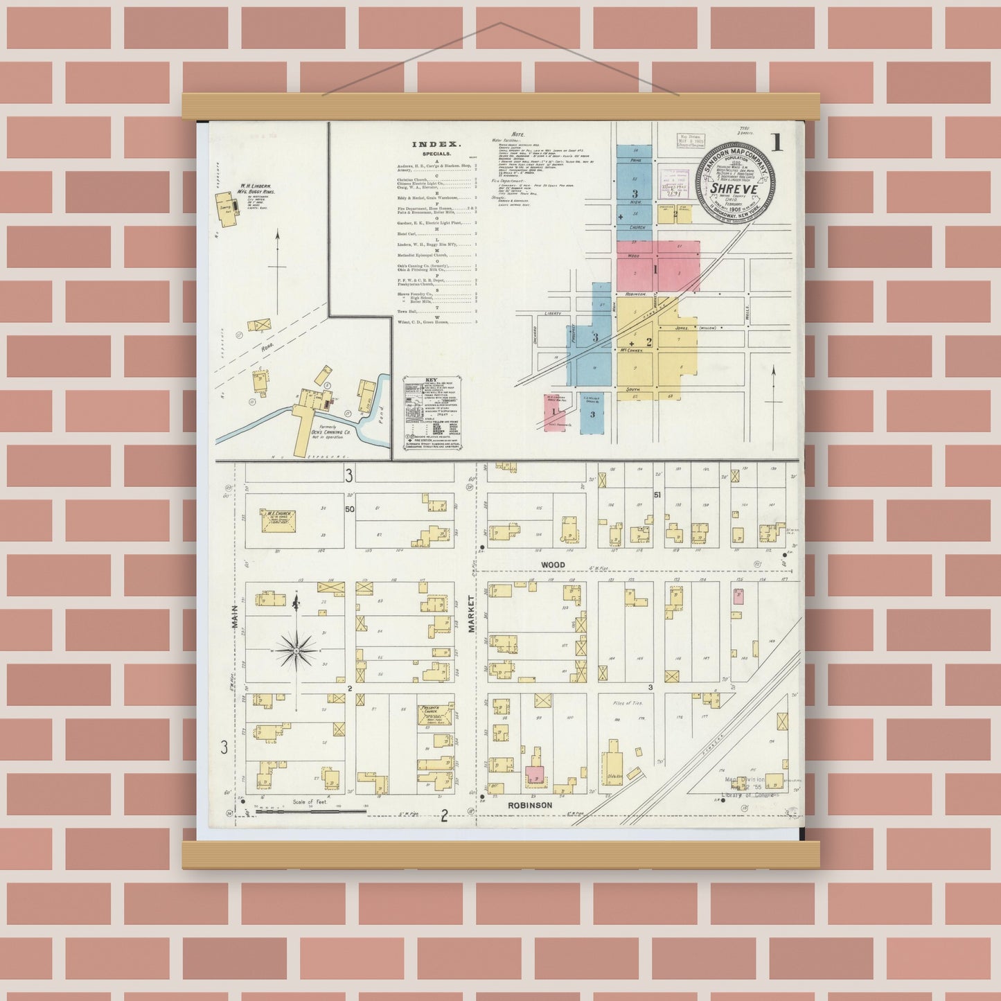 Old map wall art mockup — magnetic wood frame on brick wall — Sanborn Fire Insurance Map from Shreve, Wayne County, Ohio (1905) - Complete Map Set