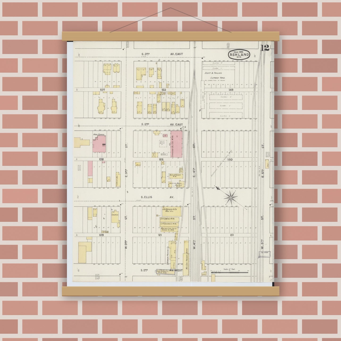 Old map wall art mockup — magnetic wood frame on brick wall — Sanborn Fire Insurance Map from Ashland, Ashland County, Wisconsin (1895), Sheet #0012