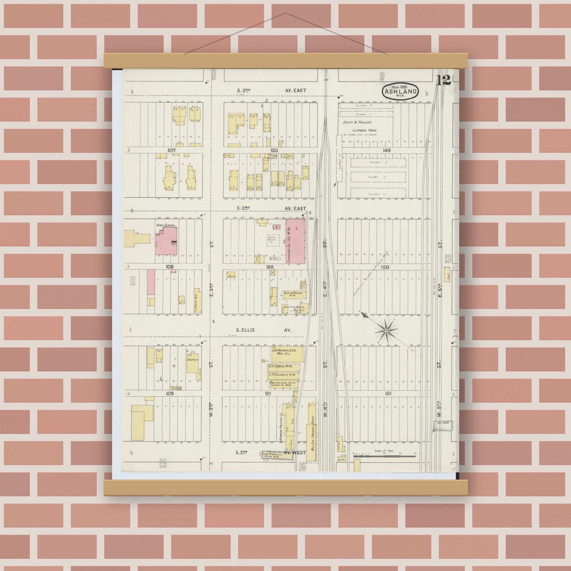 Old map wall art mockup — magnetic wood frame on brick wall — Sanborn Fire Insurance Map from Ashland, Ashland County, Wisconsin (1895), Sheet #0012