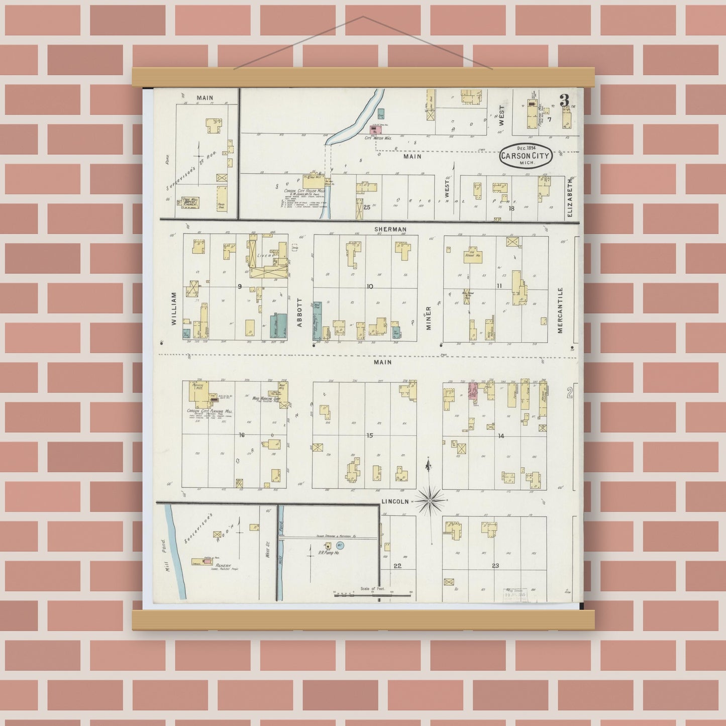 Old map wall art mockup — magnetic wood frame on brick wall — Sanborn Fire Insurance Map from Carson City, Montcalm County, Michigan (1894), Sheet #0003