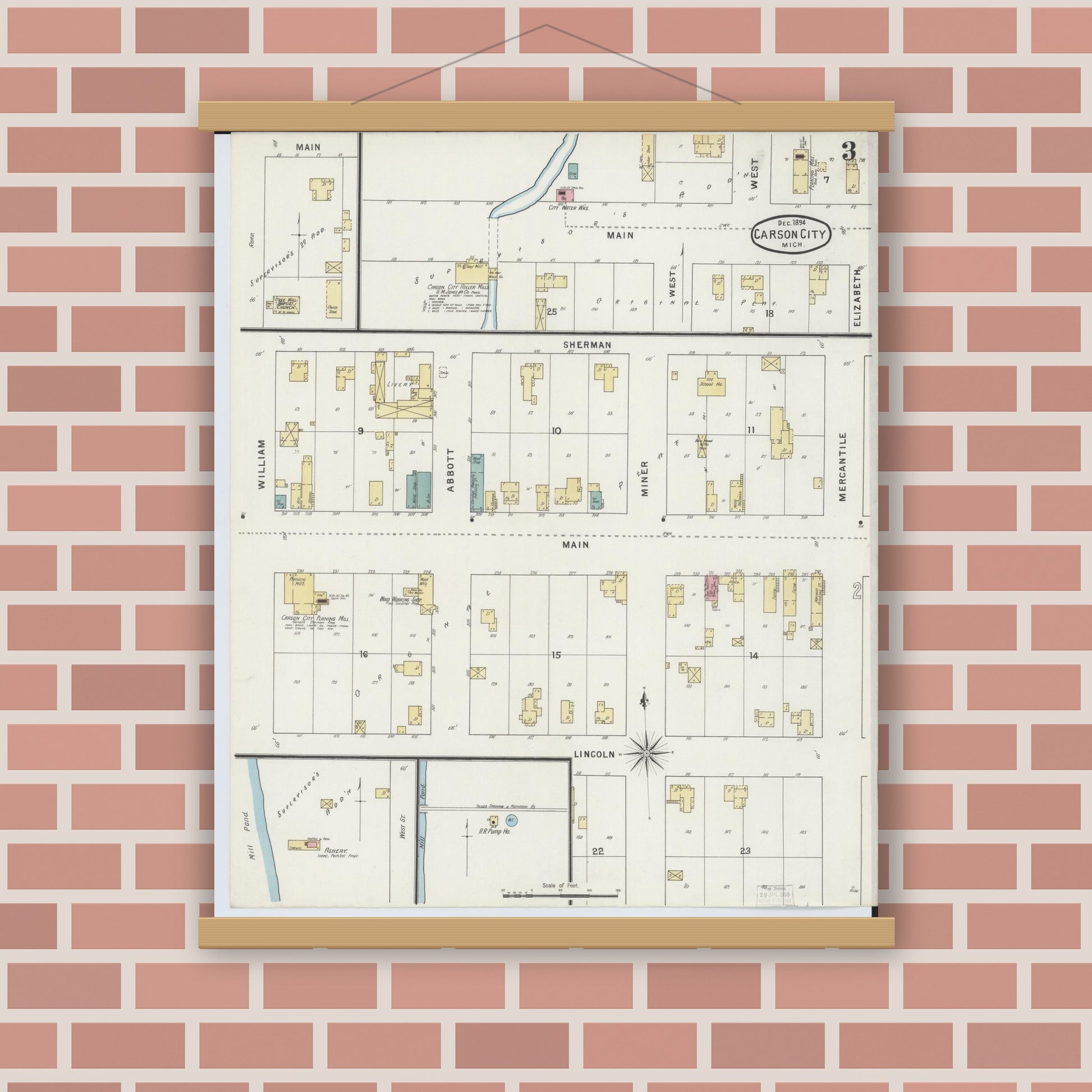 Old map wall art mockup — magnetic wood frame on brick wall — Sanborn Fire Insurance Map from Carson City, Montcalm County, Michigan (1894), Sheet #0003