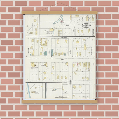 Old map wall art mockup — magnetic wood frame on brick wall — Sanborn Fire Insurance Map from Carson City, Montcalm County, Michigan (1894), Sheet #0003