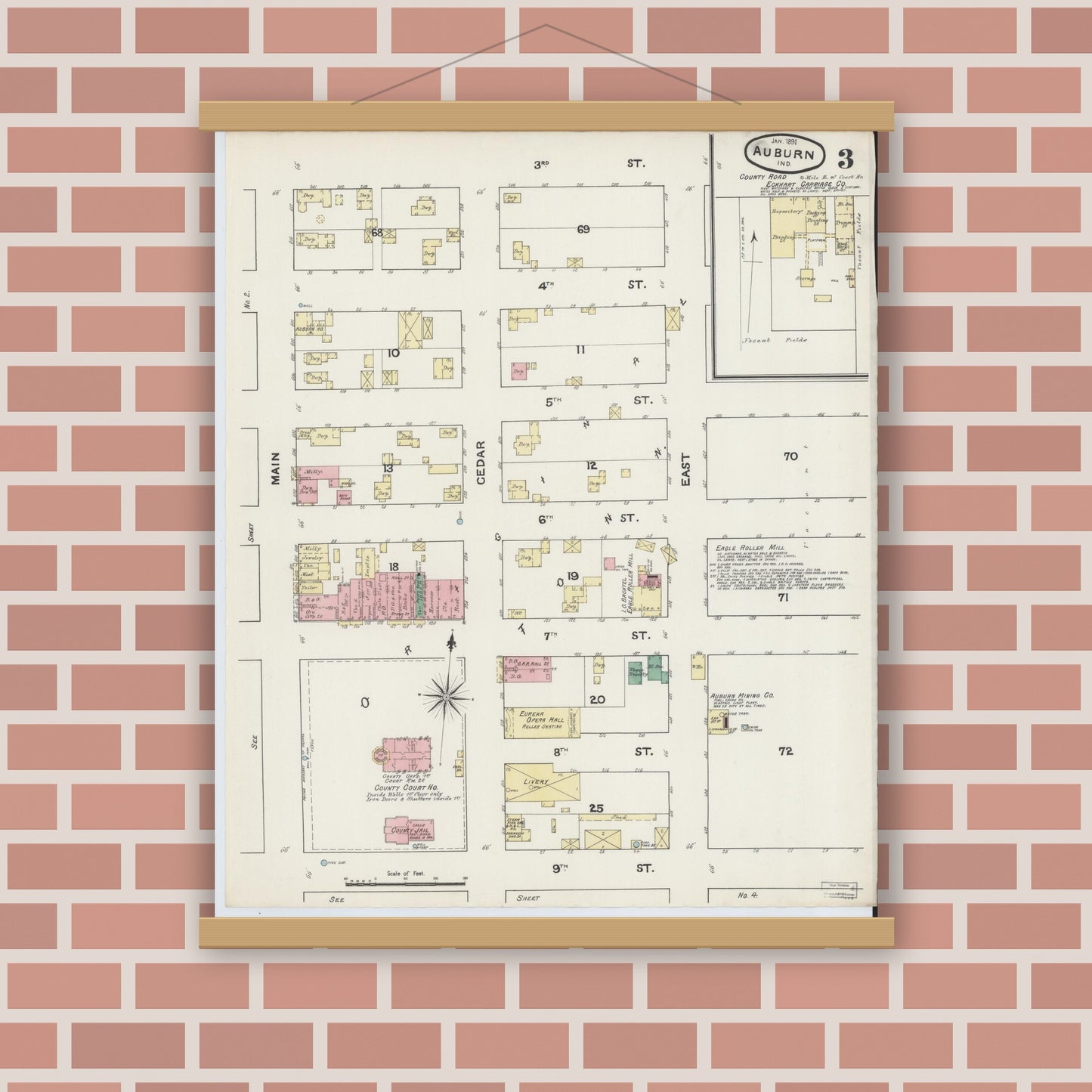 Old map wall art mockup — magnetic wood frame on brick wall — Sanborn Fire Insurance Map from Auburn, De Kalb County, Indiana (1891), Sheet #0003