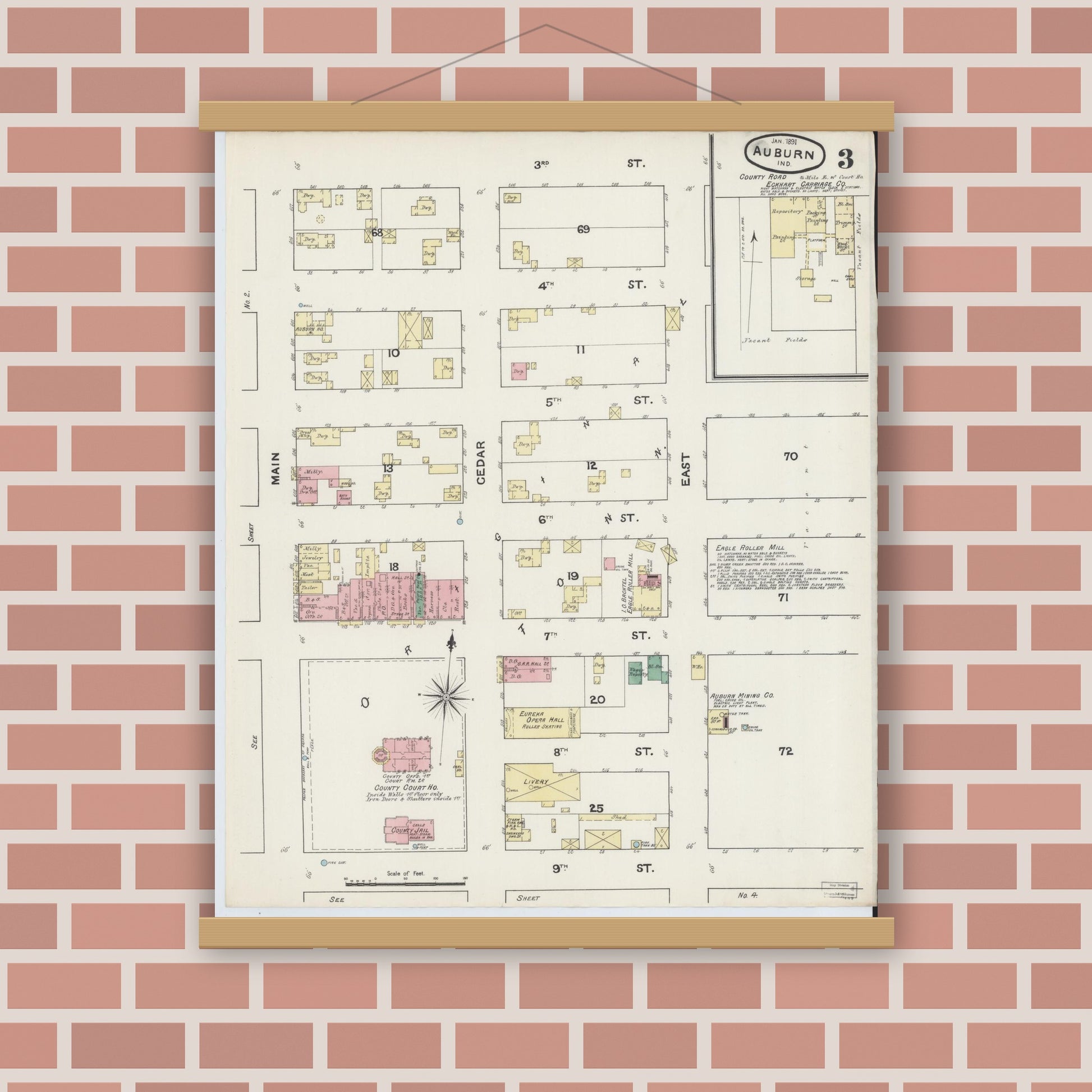 Old map wall art mockup — magnetic wood frame on brick wall — Sanborn Fire Insurance Map from Auburn, De Kalb County, Indiana (1891), Sheet #0003