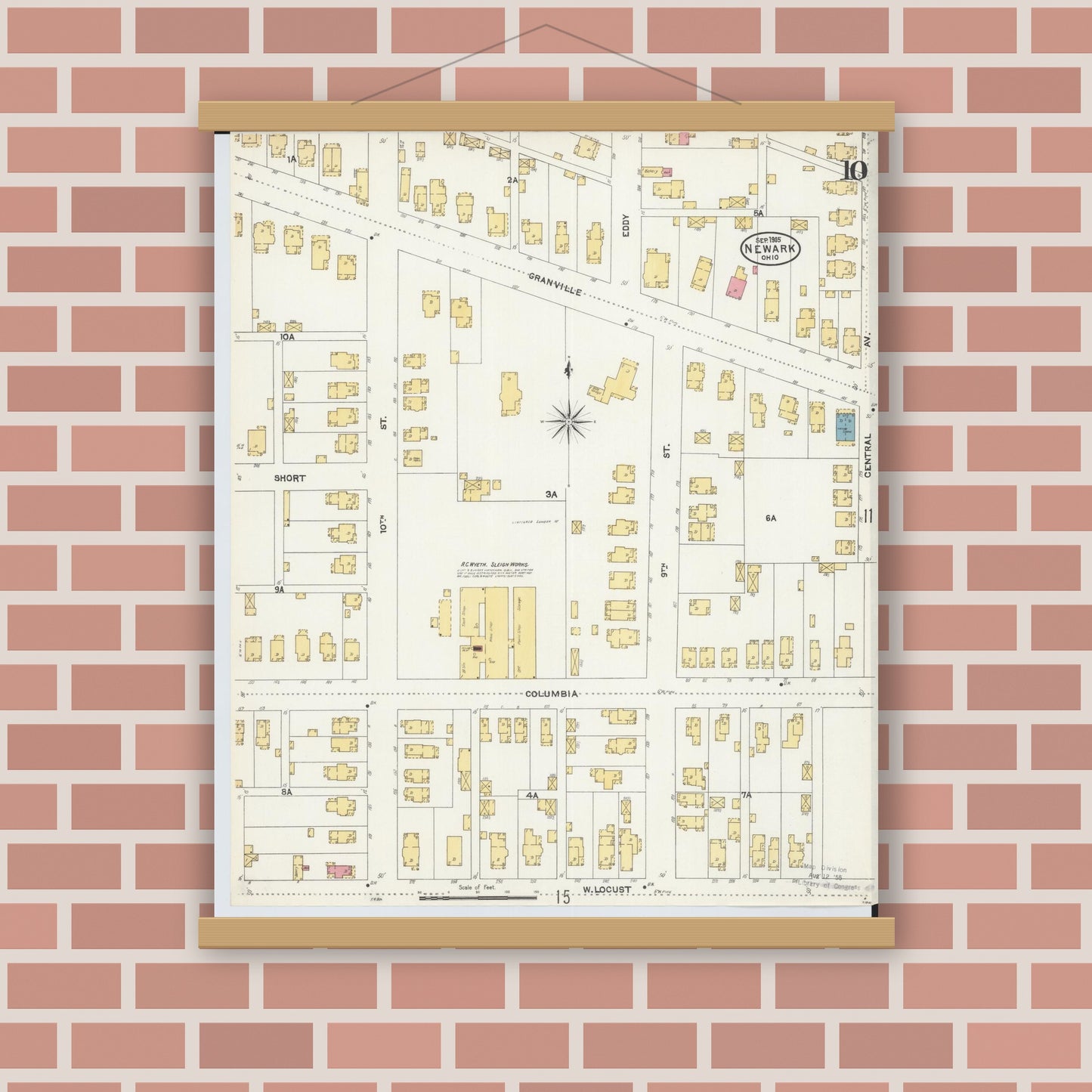 Old map wall art mockup — magnetic wood frame on brick wall — Sanborn Fire Insurance Map from Newark, Licking County, Ohio (1905), Sheet #0010