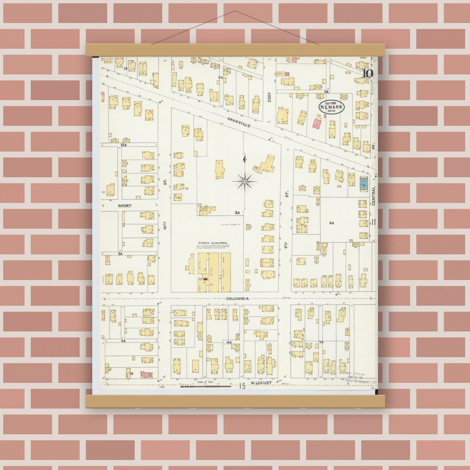 Old map wall art mockup — magnetic wood frame on brick wall — Sanborn Fire Insurance Map from Newark, Licking County, Ohio (1905), Sheet #0010