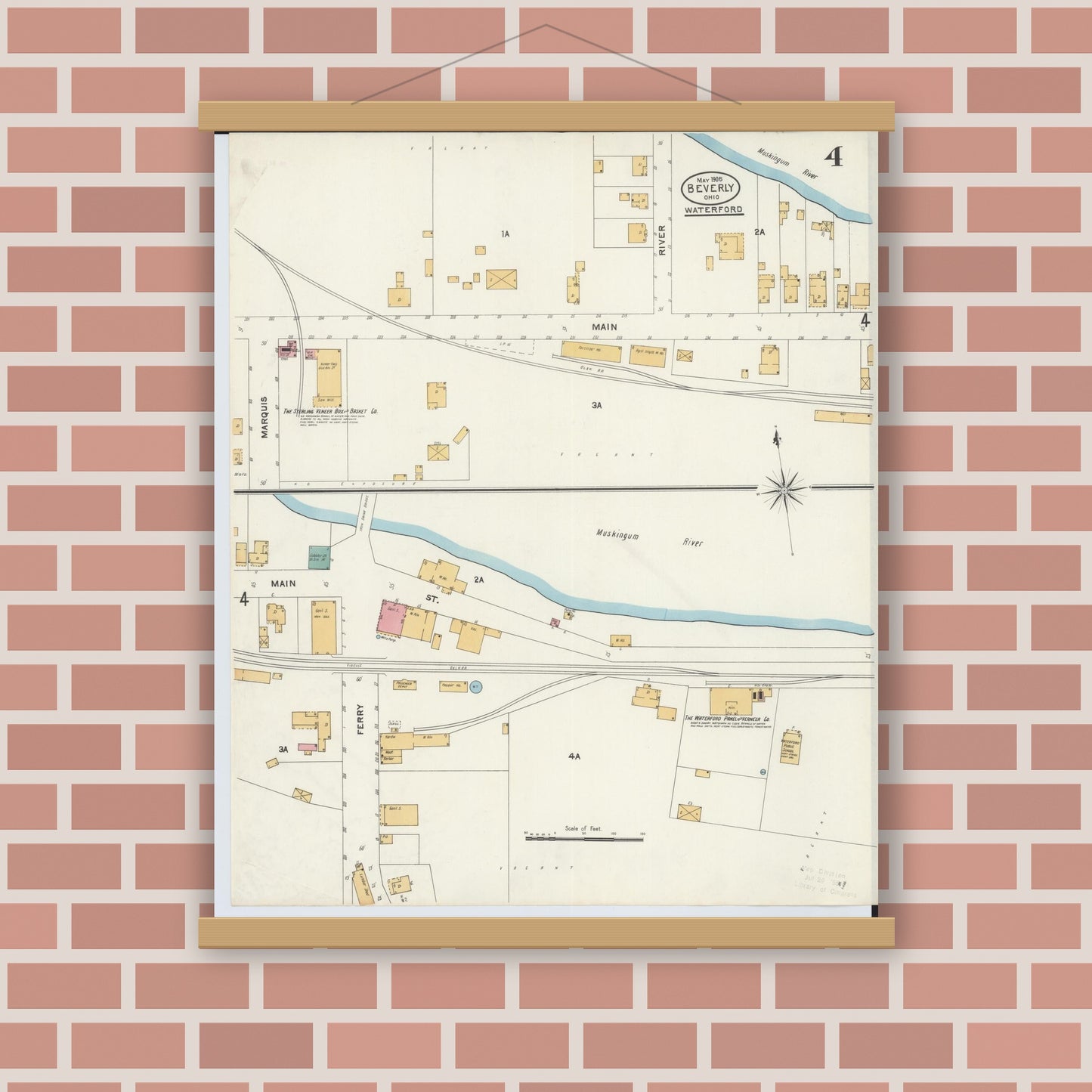 Old map wall art mockup — magnetic wood frame on brick wall — Sanborn Fire Insurance Map from Beverly, Washington County, Ohio (1905), Sheet #0004
