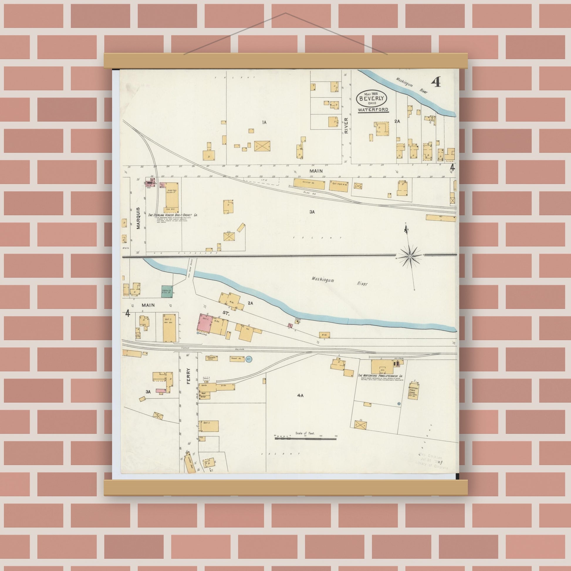 Old map wall art mockup — magnetic wood frame on brick wall — Sanborn Fire Insurance Map from Beverly, Washington County, Ohio (1905), Sheet #0004