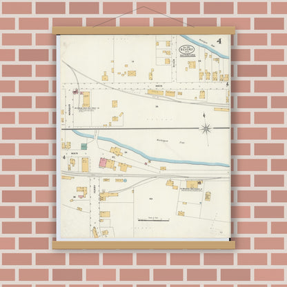 Old map wall art mockup — magnetic wood frame on brick wall — Sanborn Fire Insurance Map from Beverly, Washington County, Ohio (1905), Sheet #0004