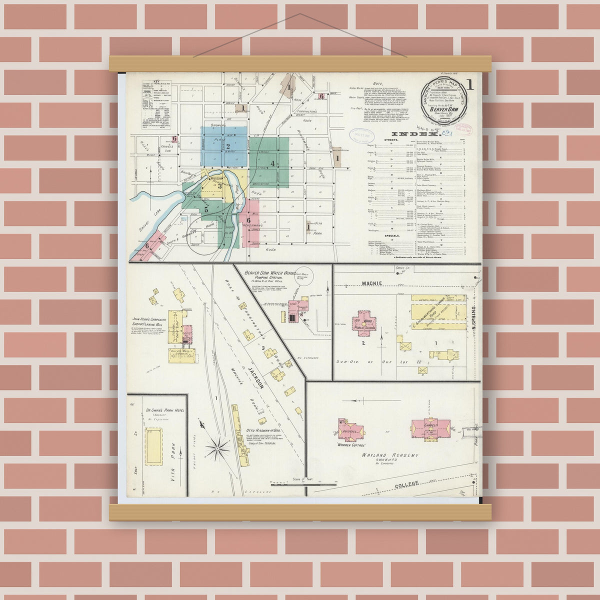 Old map wall art mockup — magnetic wood frame on brick wall — Sanborn Fire Insurance Map from Beaver Dam, Dodge County, Wisconsin (1897), Sheet #0001