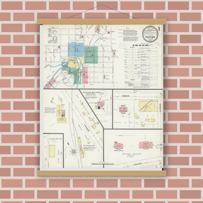 Old map wall art mockup — magnetic wood frame on brick wall — Sanborn Fire Insurance Map from Beaver Dam, Dodge County, Wisconsin (1897), Sheet #0001