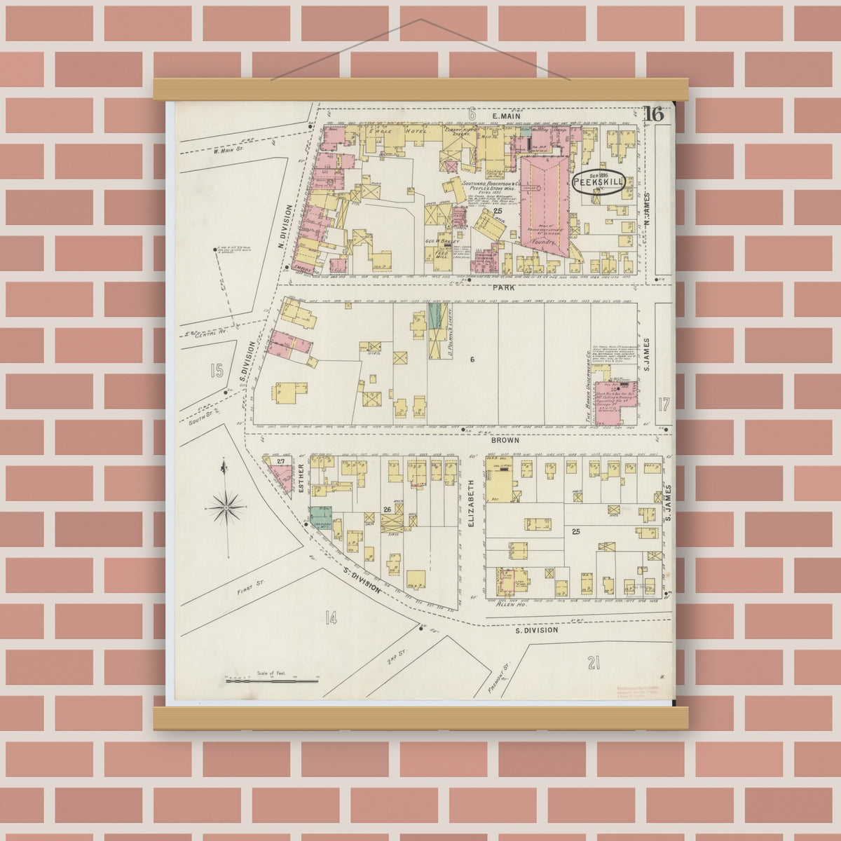 Old map wall art mockup — magnetic wood frame on brick wall — Sanborn Fire Insurance Map from Peekskill, Westchester County, New York (1895), Sheet #0016