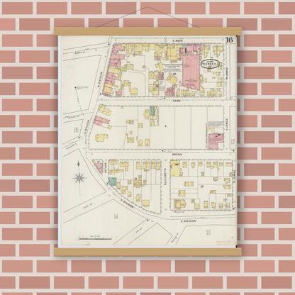 Old map wall art mockup — magnetic wood frame on brick wall — Sanborn Fire Insurance Map from Peekskill, Westchester County, New York (1895), Sheet #0016
