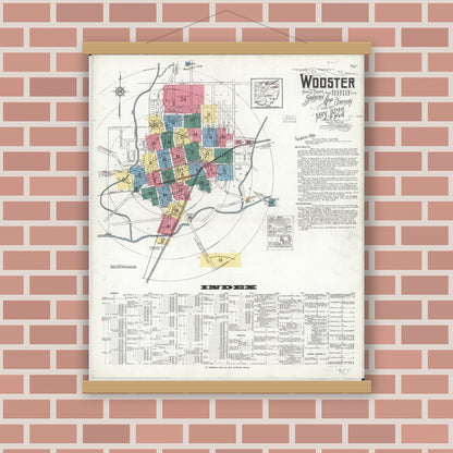Old map wall art mockup — magnetic wood frame on brick wall — Sanborn Fire Insurance Map from Wooster, Wayne County, Ohio (1923) - Complete Map Set