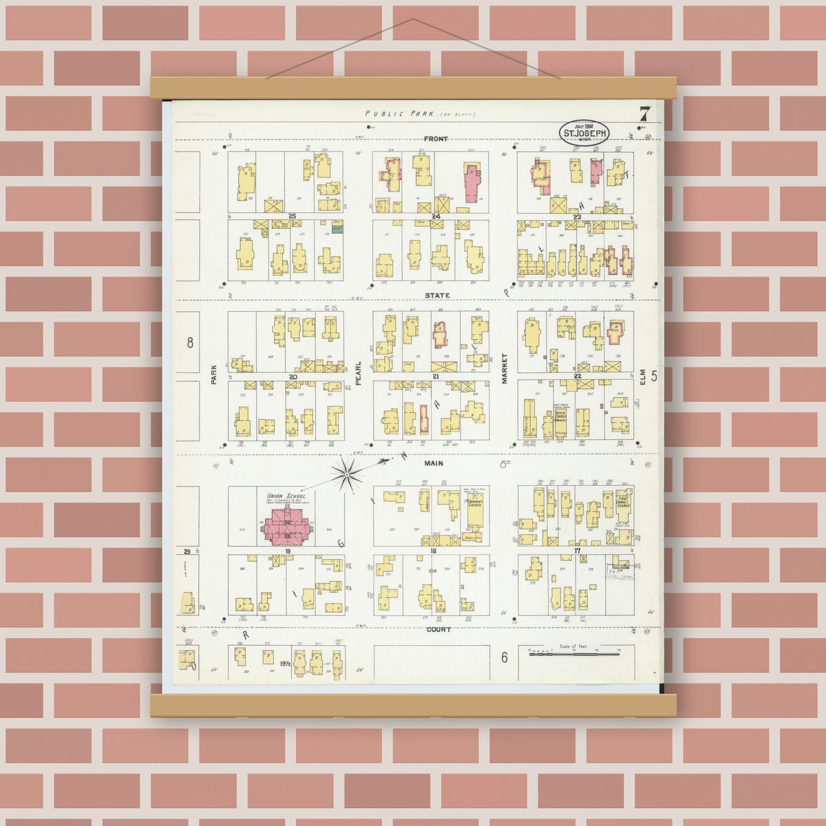 Old map wall art mockup — magnetic wood frame on brick wall — Sanborn Fire Insurance Map from Saint Joseph, Berrien County, Michigan (1902), Sheet #0007